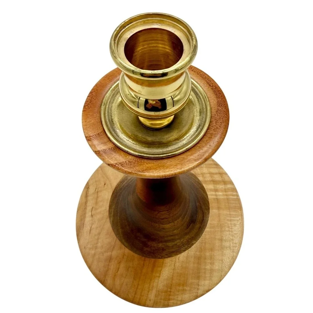 Turned Wood Brass Candlestick The Final Turn Artisan Signed Adirondack NY ~ 7